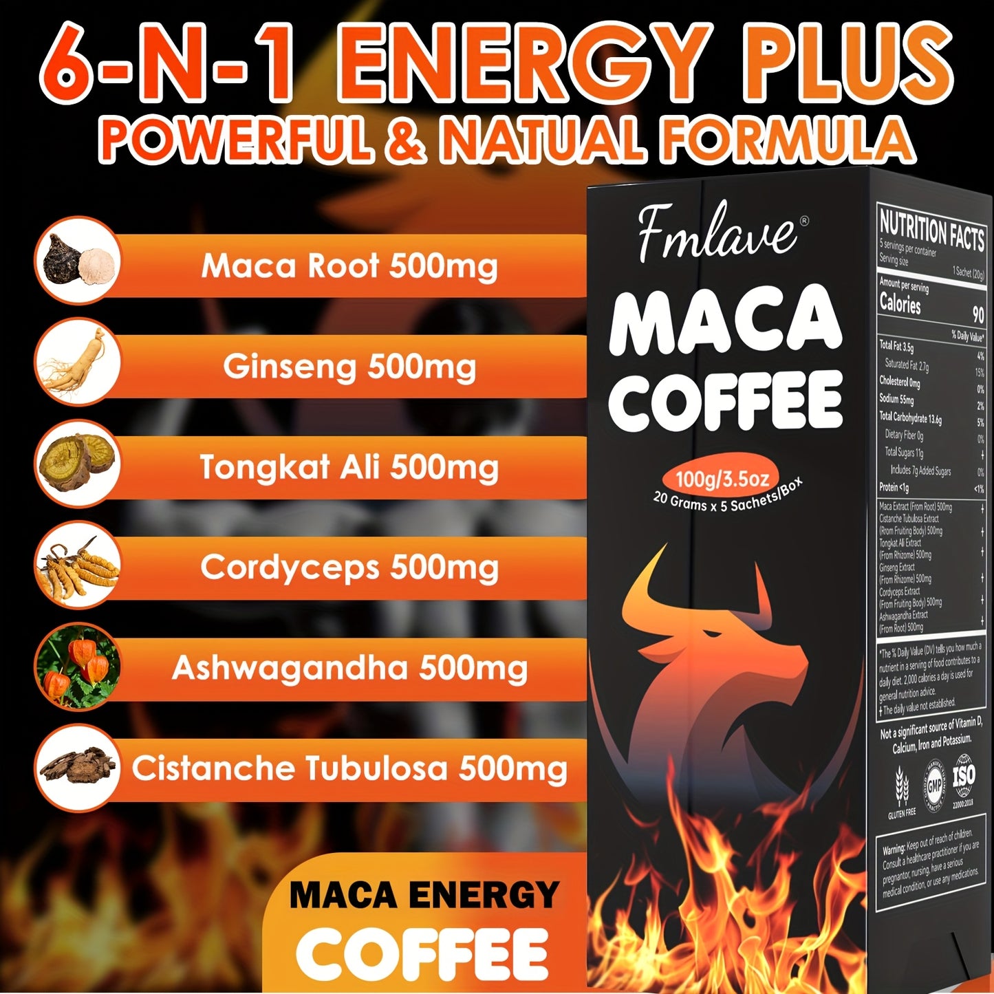 Maca Energy Coffee for Men, Cold Brew Arabica Coffee Bean Powder with Maca Root, Cistanche Tubulosa, Tongkat Ali, Ginseng, Cordyceps, Ashwagandha for Energy Vitality Focus