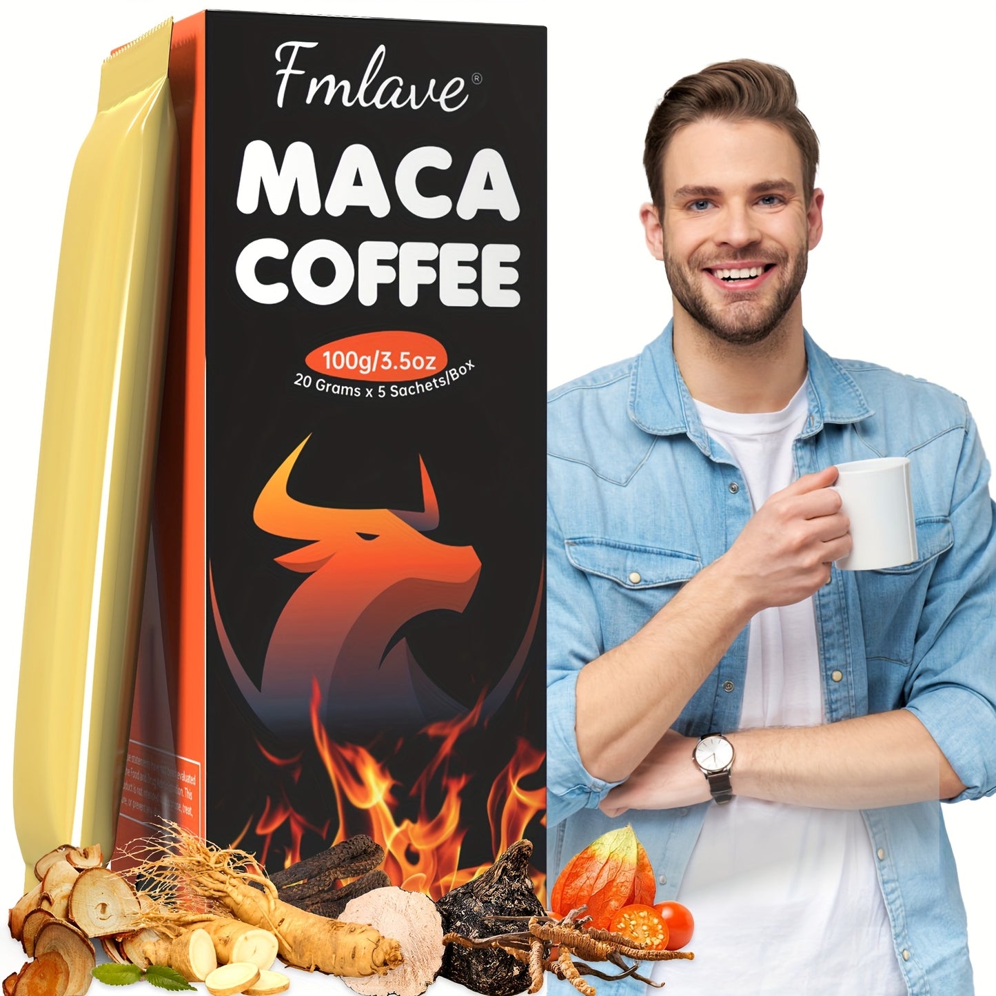 Maca Energy Coffee for Men, Cold Brew Arabica Coffee Bean Powder with Maca Root, Cistanche Tubulosa, Tongkat Ali, Ginseng, Cordyceps, Ashwagandha for Energy Vitality Focus