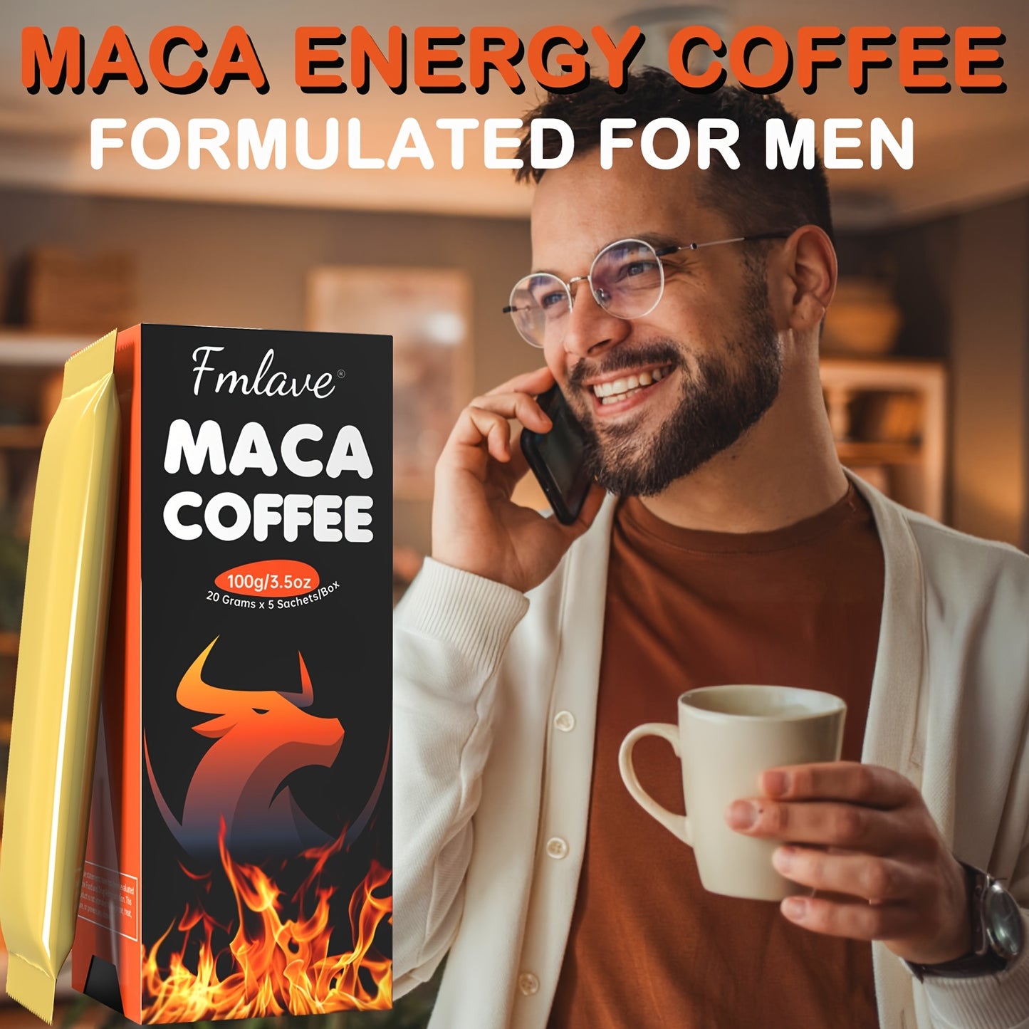 Maca Energy Coffee for Men, Cold Brew Arabica Coffee Bean Powder with Maca Root, Cistanche Tubulosa, Tongkat Ali, Ginseng, Cordyceps, Ashwagandha for Energy Vitality Focus