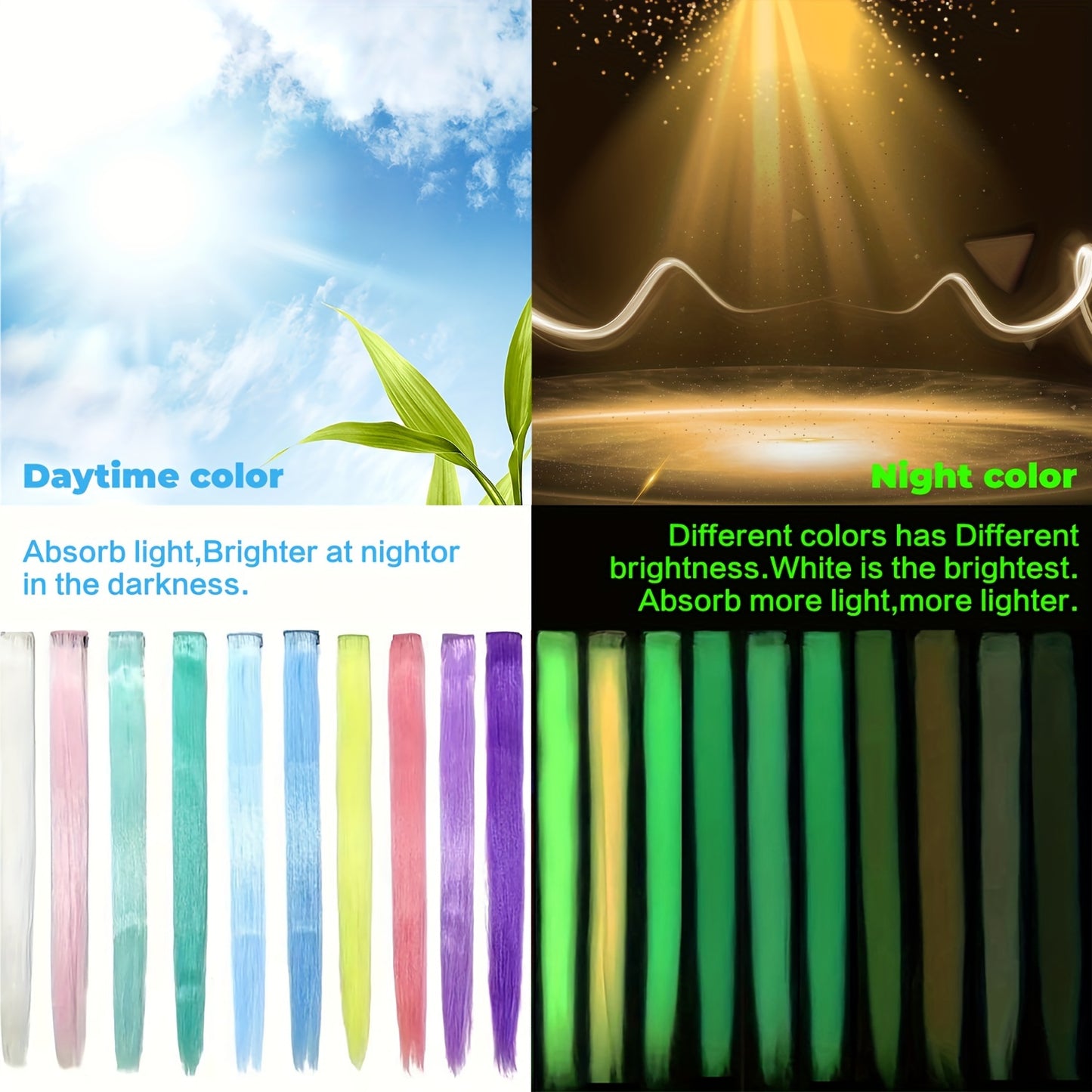10 Pcs Glow in the Dark Hair Extensions Clip in Hair