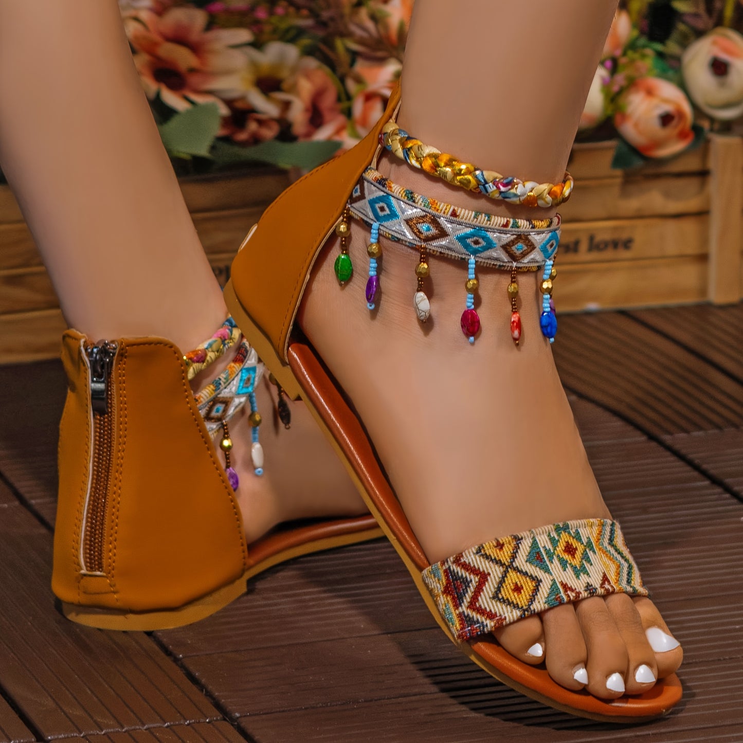 Handmade Bohemian Beaded Ankle Straps Open Toe