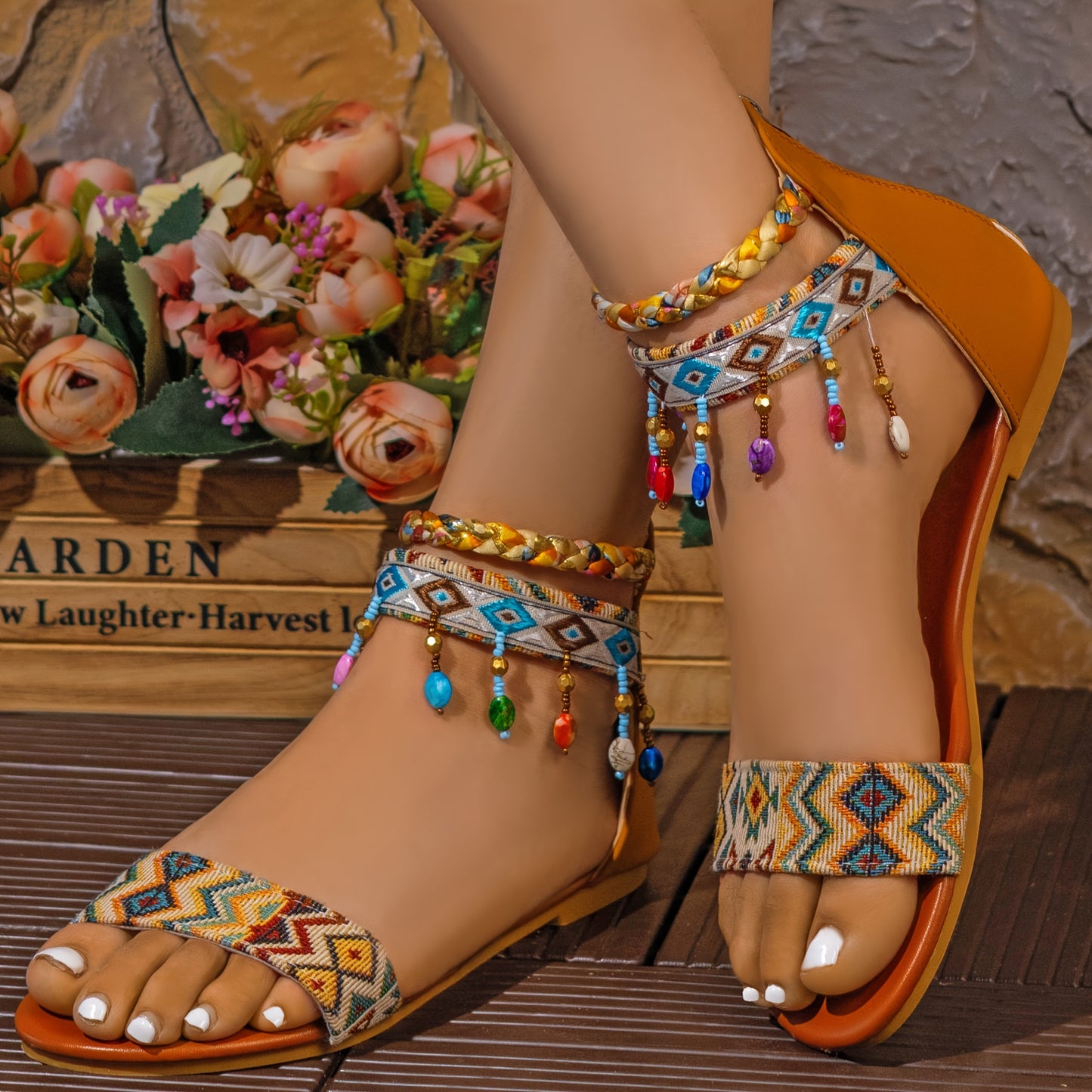 Handmade Bohemian Beaded Ankle Straps Open Toe