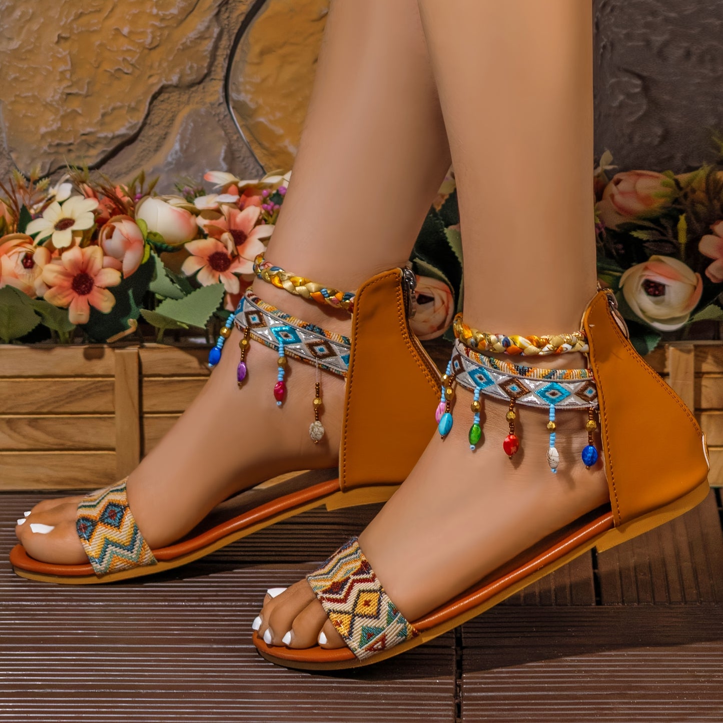 Handmade Bohemian Beaded Ankle Straps Open Toe